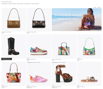 Kurt Geiger's Matching Shoes and Bags category page, with links to the Orpen, Kensington, Chelsea, Drench and Southbank collections above a grid mixing handbags, boots, sneakers, heels and sandals that share prints and hardware