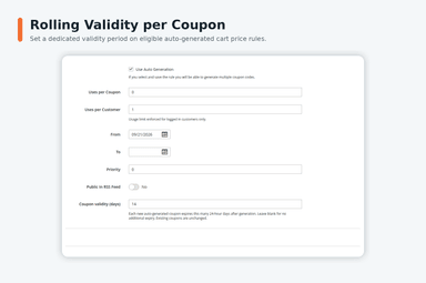 Magento cart price rule admin screen showing Use Auto Generation enabled, an empty To date, and a Coupon validity (days) field set to 14