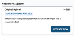 Bear Mattress product page upsell reading Need More Support, offering the Original Hybrid for an extra 121 dollars with a cooling upgrade note and an Upgrade Now button