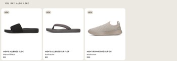A generic You may also like recommendation strip on a running-shoe product page, showing two pairs of sandals and another shoe