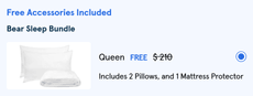 Bear Mattress product page cross-sell headed Free Accessories Included, showing the Bear Sleep Bundle with a pillow thumbnail, free for Queen size, valued at 210 dollars, including two pillows and a mattress protector